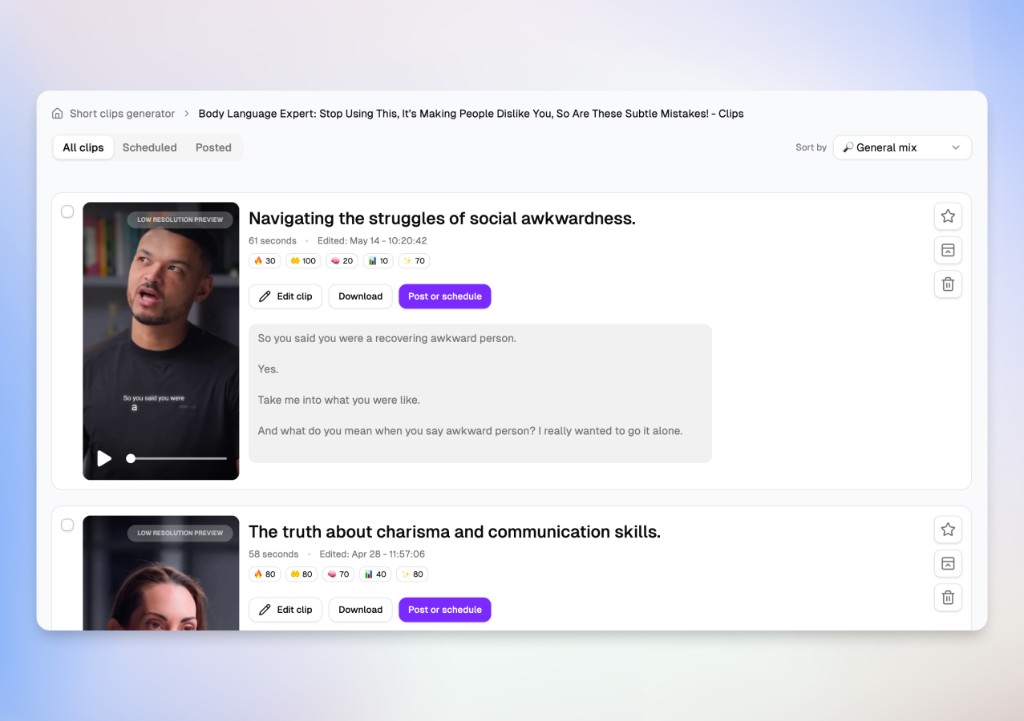Choppity clip generator with native scheduling for social platforms