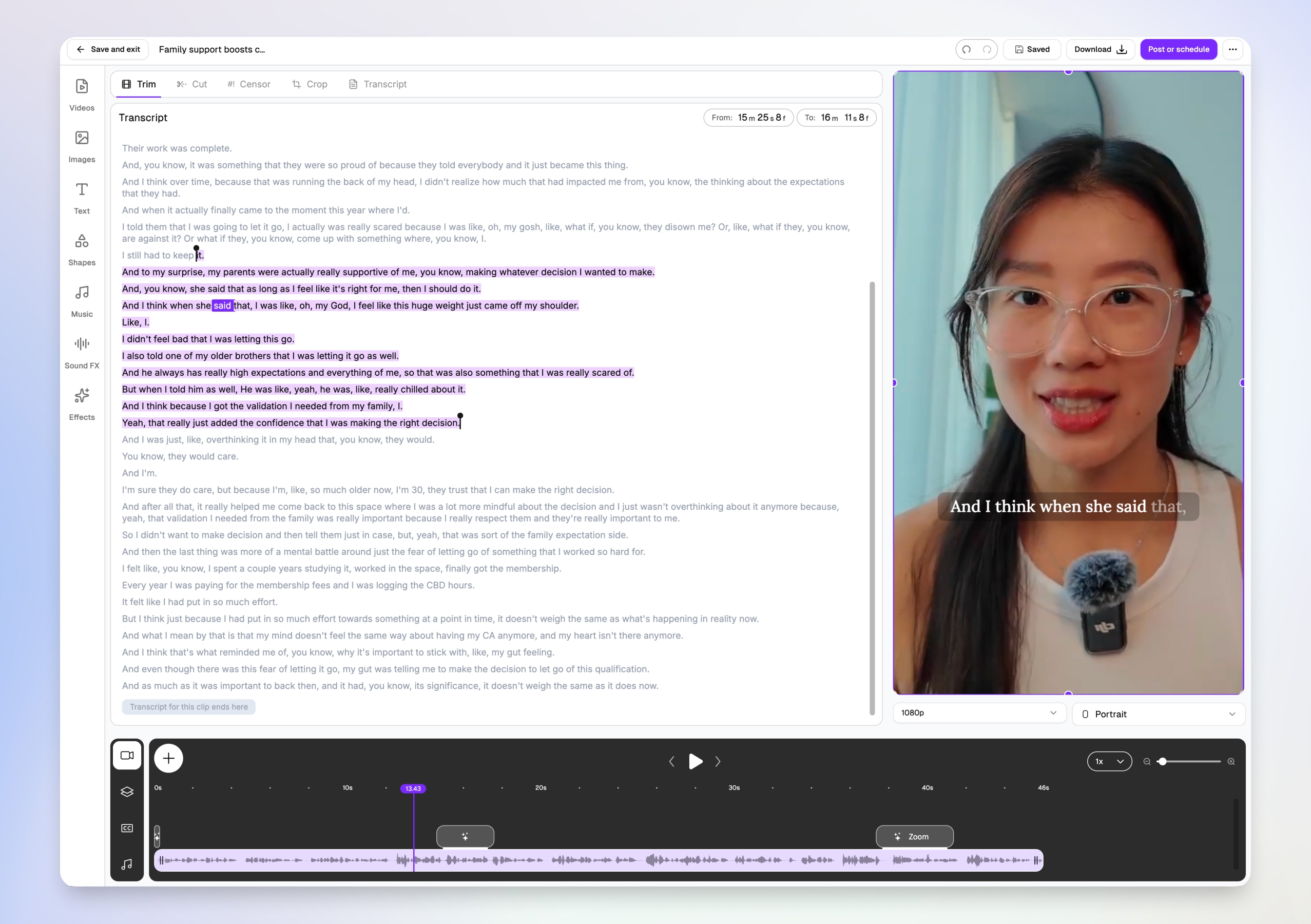 Choppity transcript-based video editor with dynamic captions and timeline