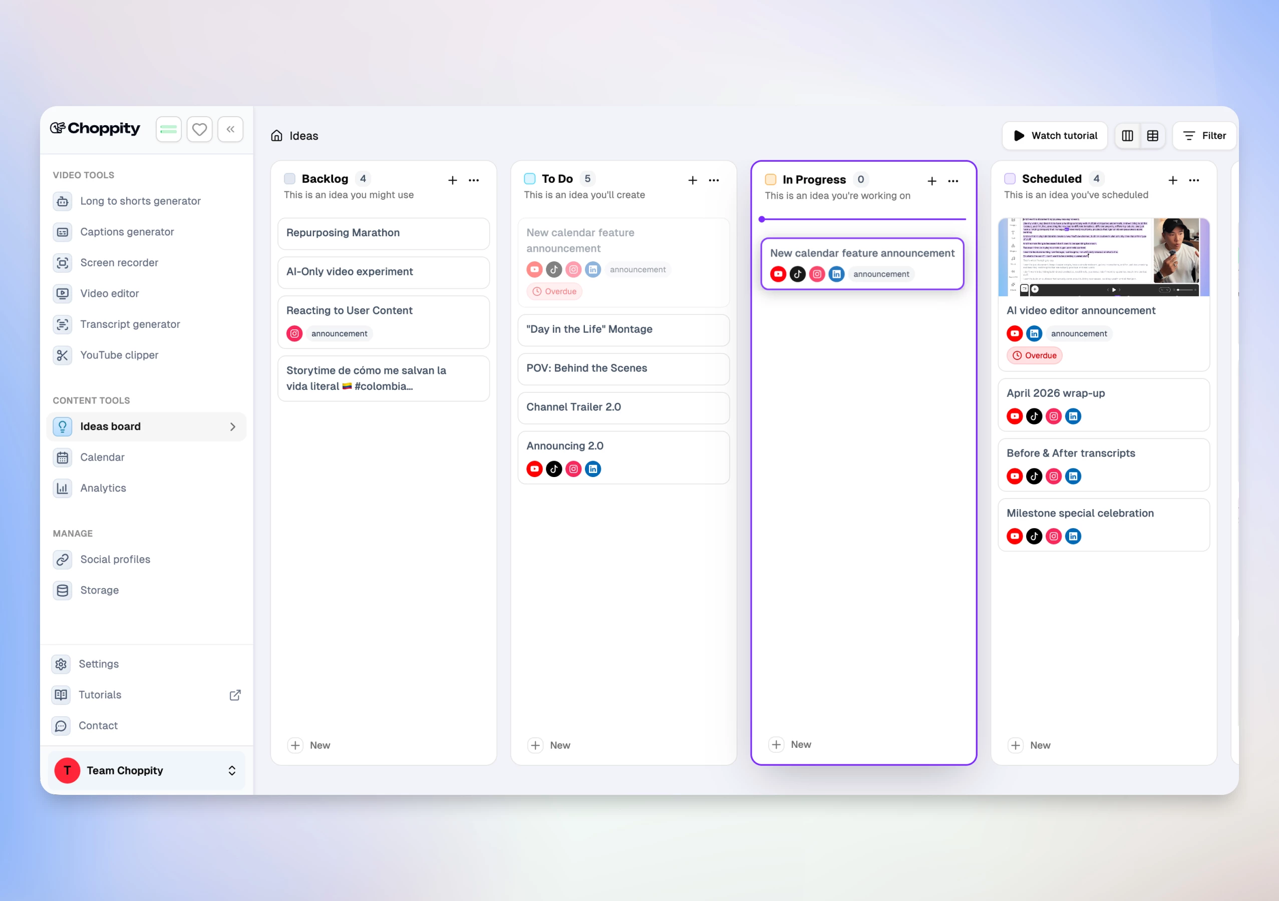 Choppity Ideas Board — content planning and scheduling