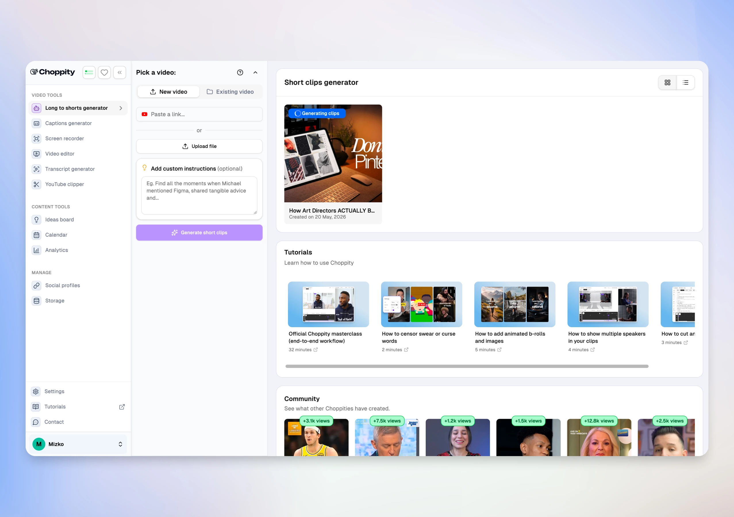 Choppity upload project interface