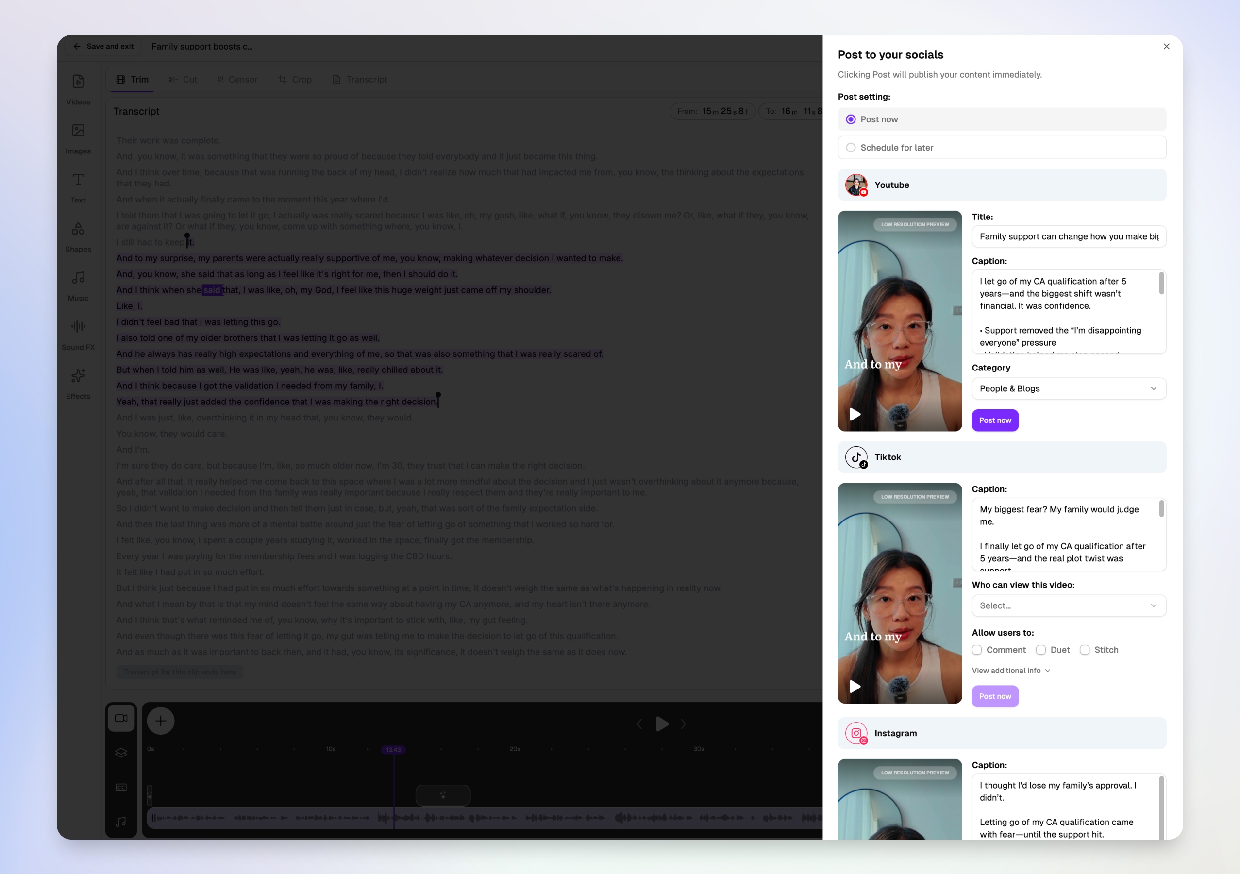 Choppity post and schedule modal for YouTube, TikTok, and Instagram