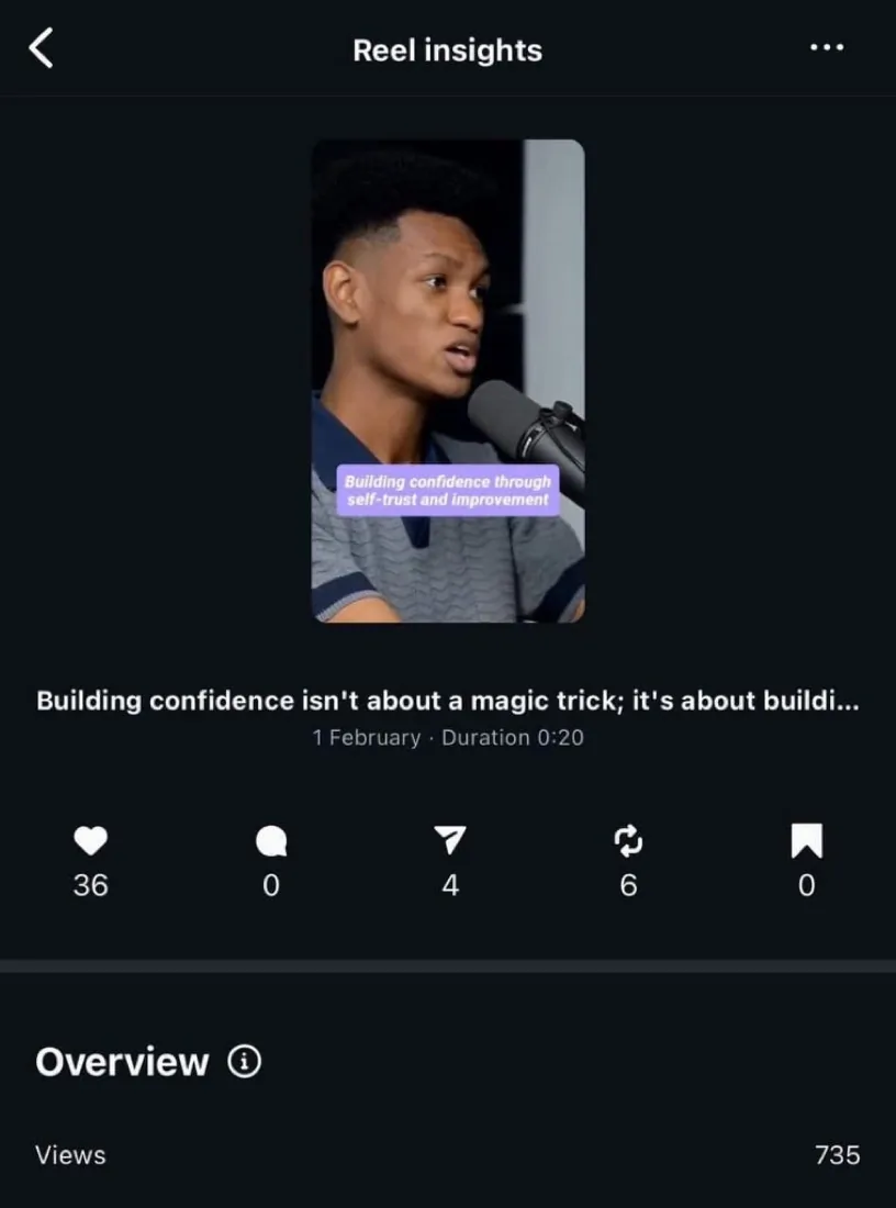 Instagram Reels insights screenshot for building confidence reel