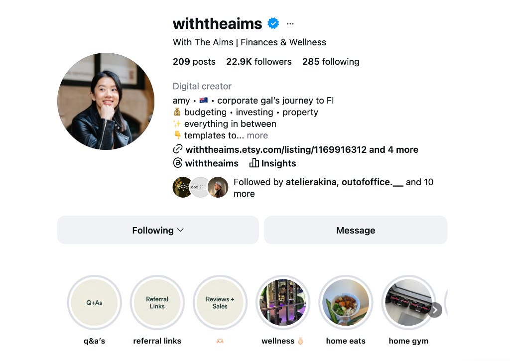 With The Aims Instagram profile showing 22.9K followers and 209 posts