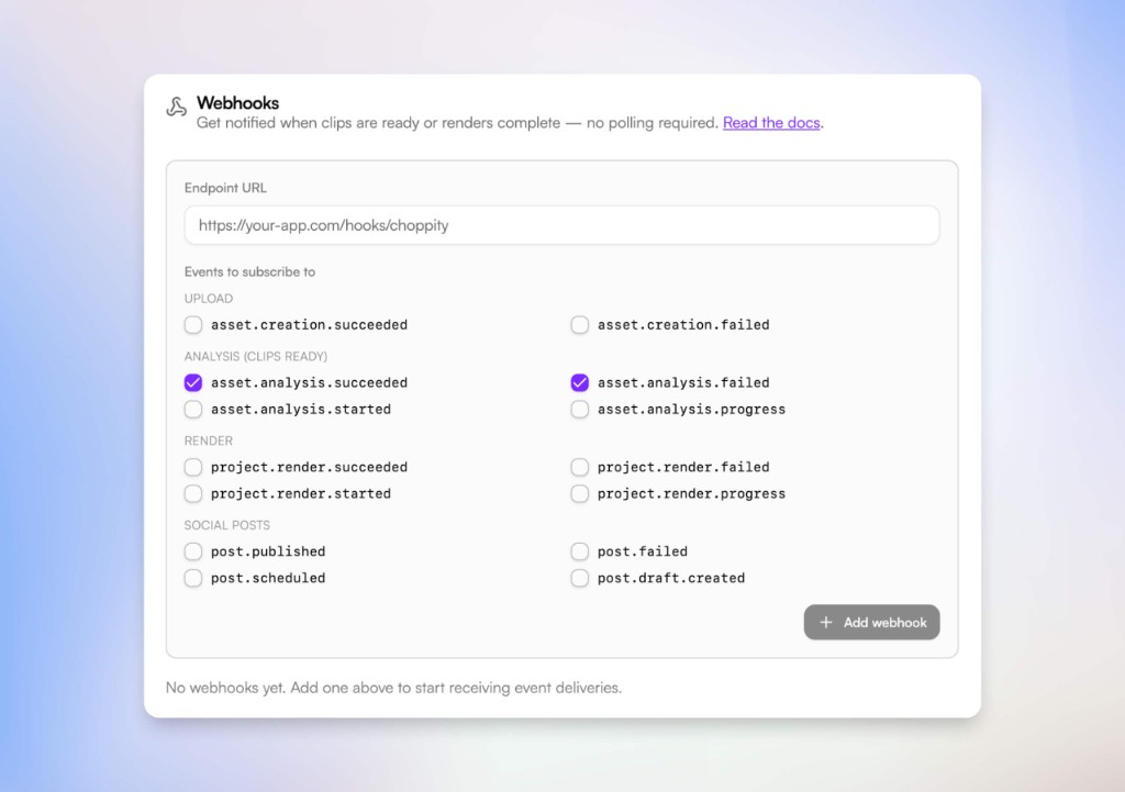 Choppity API webhooks dashboard