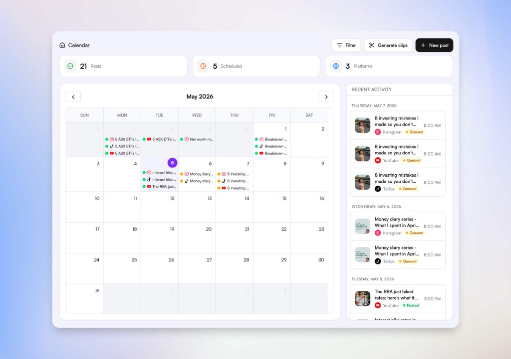 Social media content calendar: Planned, scheduled & published posts