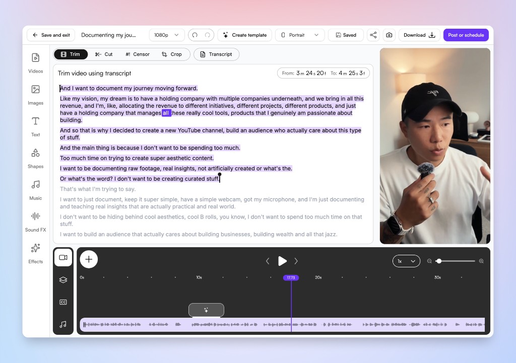 Choppity transcript-based video editor with trim, cut, censor, and crop tools