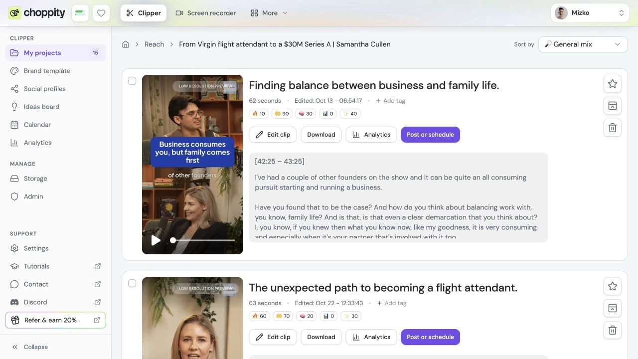 Choppity workspace with AI-generated video clips ready to edit and publish