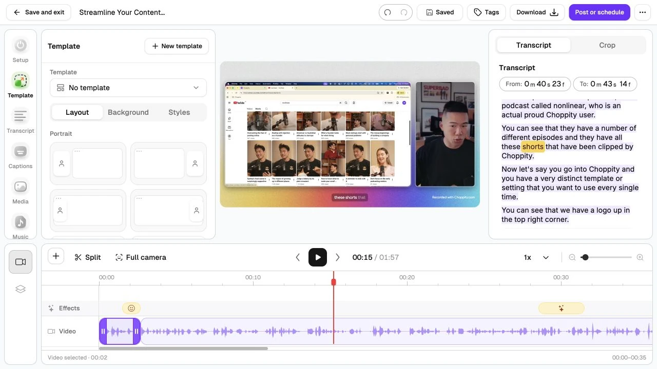 Choppity Screen Recorder with screen and camera layouts, transcript and editing timeline