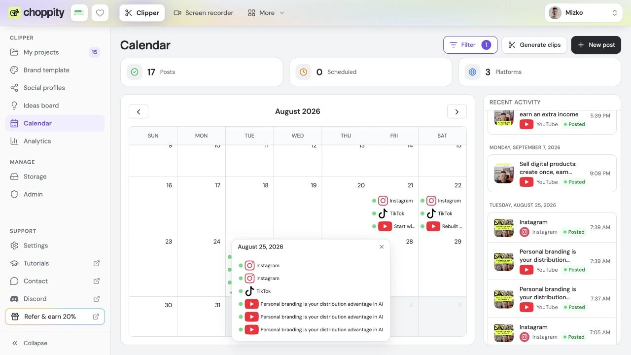 Choppity social content calendar showing planned and scheduled posts